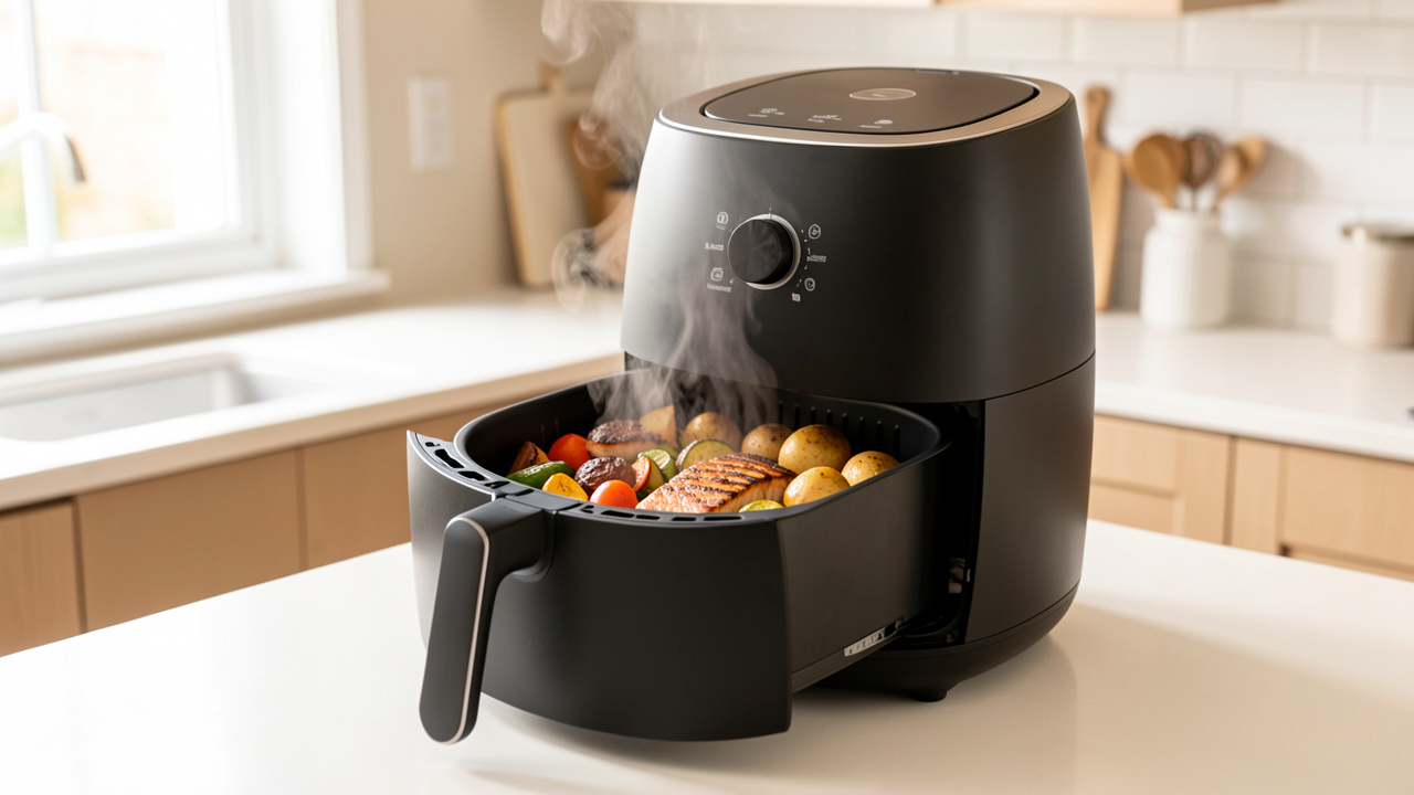 Friteuse à air chaud moderne ouverte sur un plan de travail lumineux, contenant des légumes rôtis, du saumon et des pommes de terre dorées.
