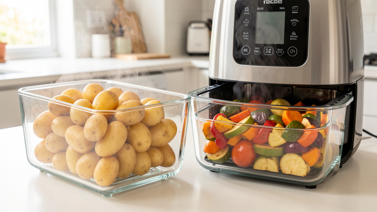 Deux cuves en verre d’une friteuse à air double zone contenant des pommes de terre grenaille dorées et des légumes rôtis colorés dans une cuisine lumineuse.