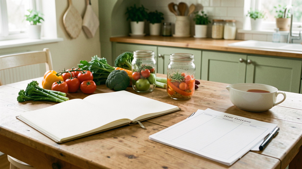 Cuisine familiale lumineuse avec carnet de recettes ouvert, légumes de saison, bocaux en verre et planning de repas vierge sur une table en bois.