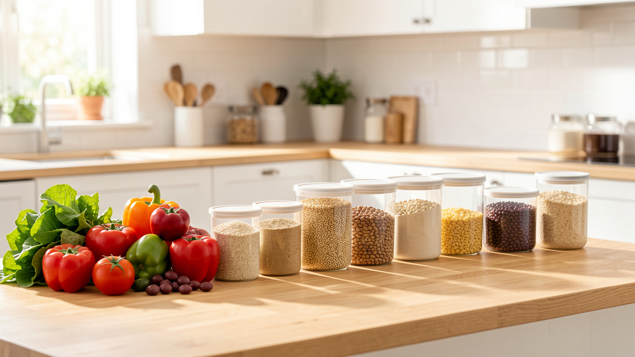 Cuisine lumineuse présentant des légumes frais, des céréales, des légumineuses et des boîtes hermétiques alignées sur un plan de travail.