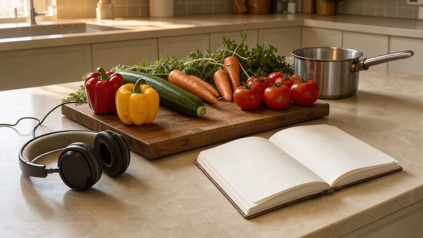 Cuisine familiale lumineuse avec un casque audio posé près d’une planche à découper, des légumes frais, une casserole et un carnet de recettes vierge.