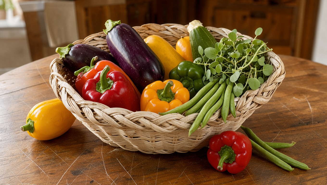 Panier de légumes d'été français composé d'aubergines, de poivrons, de courges, de pourpier et de haricots sur une table de cuisine en bois, baigné de lumière naturelle chaude.